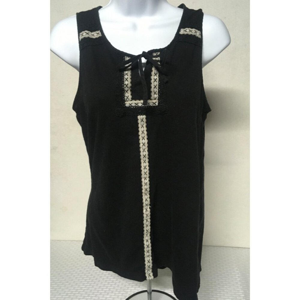 Sonoma Tank Top Women Size M Black with White Embroidered Trim Round Neckline